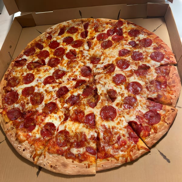 A large, round pepperoni pizza from Tatiana Pizza, sliced and ready to eat in a cardboard box.