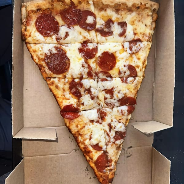 A large, triangular slice of Tatiana Pizza pepperoni pizza, cut into smaller squares, in a cardboard box.