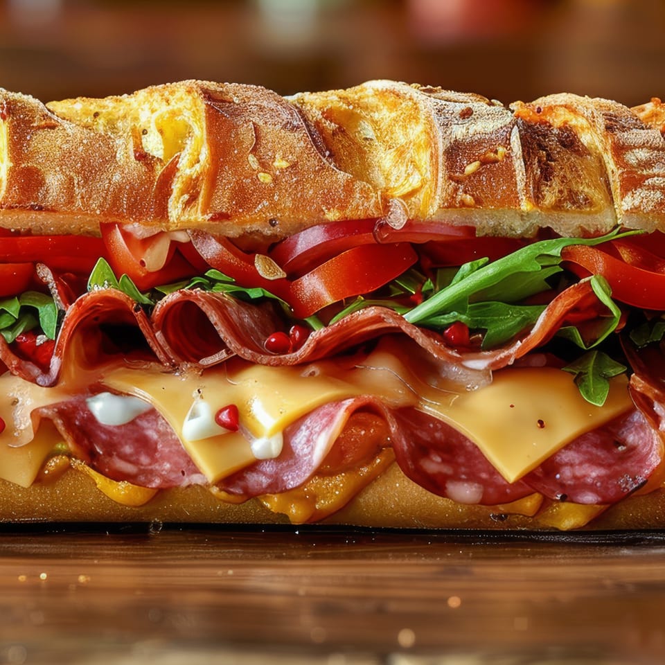 Close-up of a Tatiana Pizza Italian sub sandwich with salami, cheese, tomatoes, and arugula.
